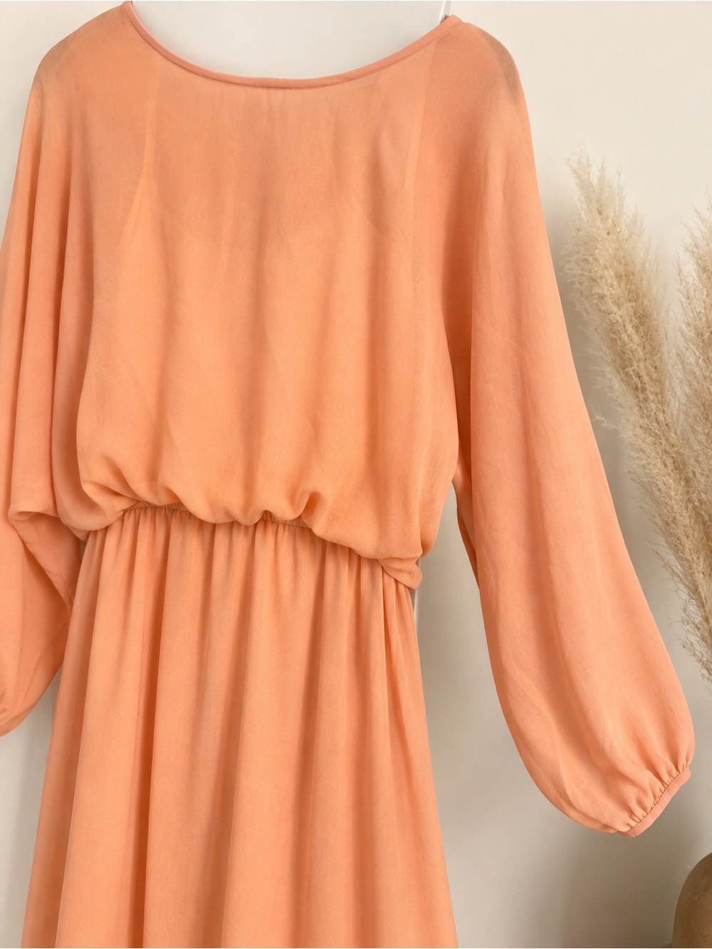 MM Couture Peach Elastic-Waist Long Sleeve Maxi Dress